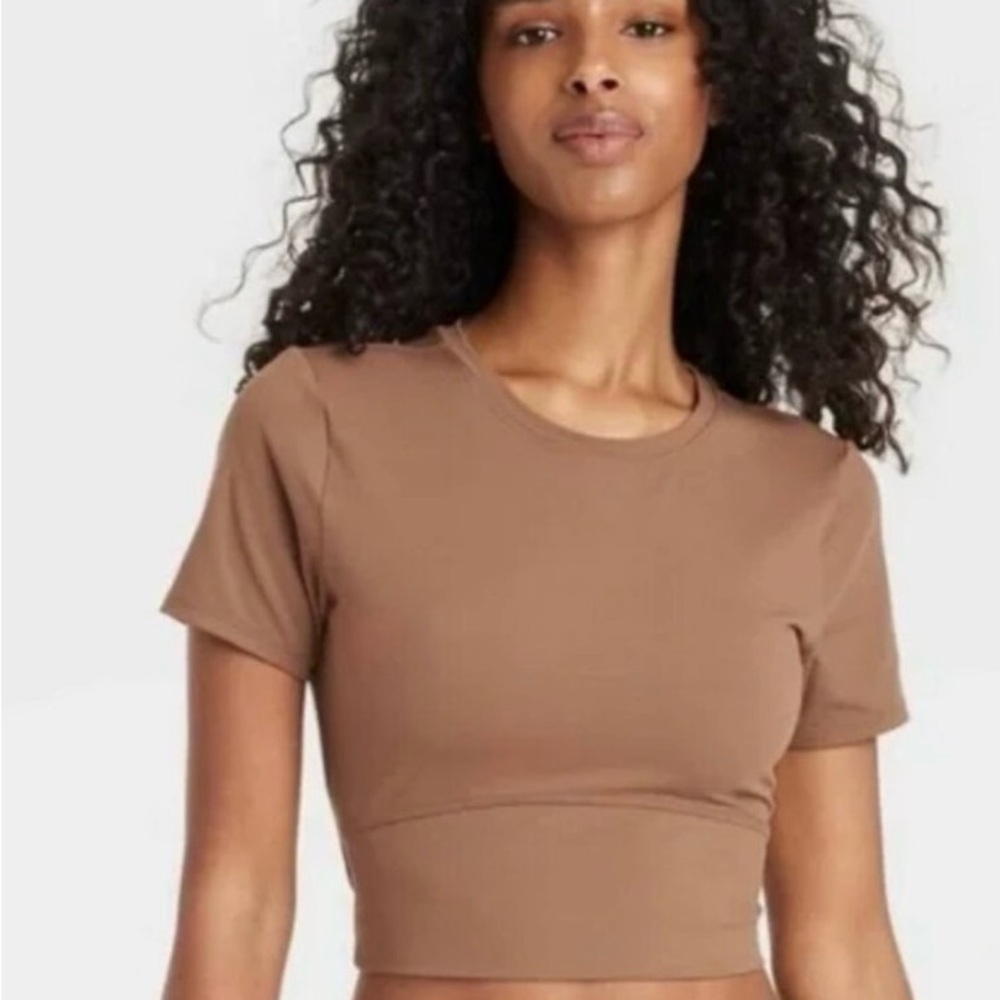 JoyLab Cropped Crewneck Top in Brown